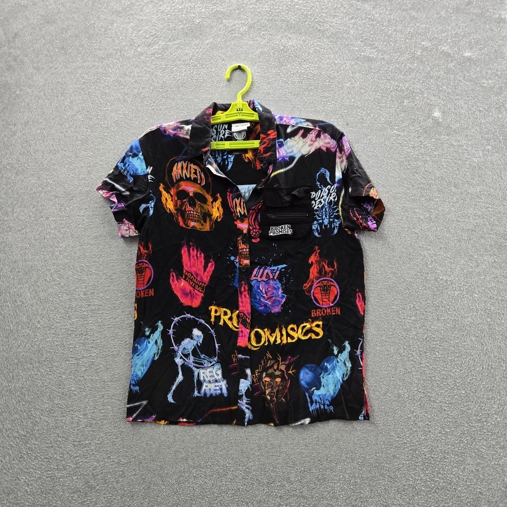 Broken Promises Women Button Up Shirt SMALL Black Simulation Graphic Skulls
